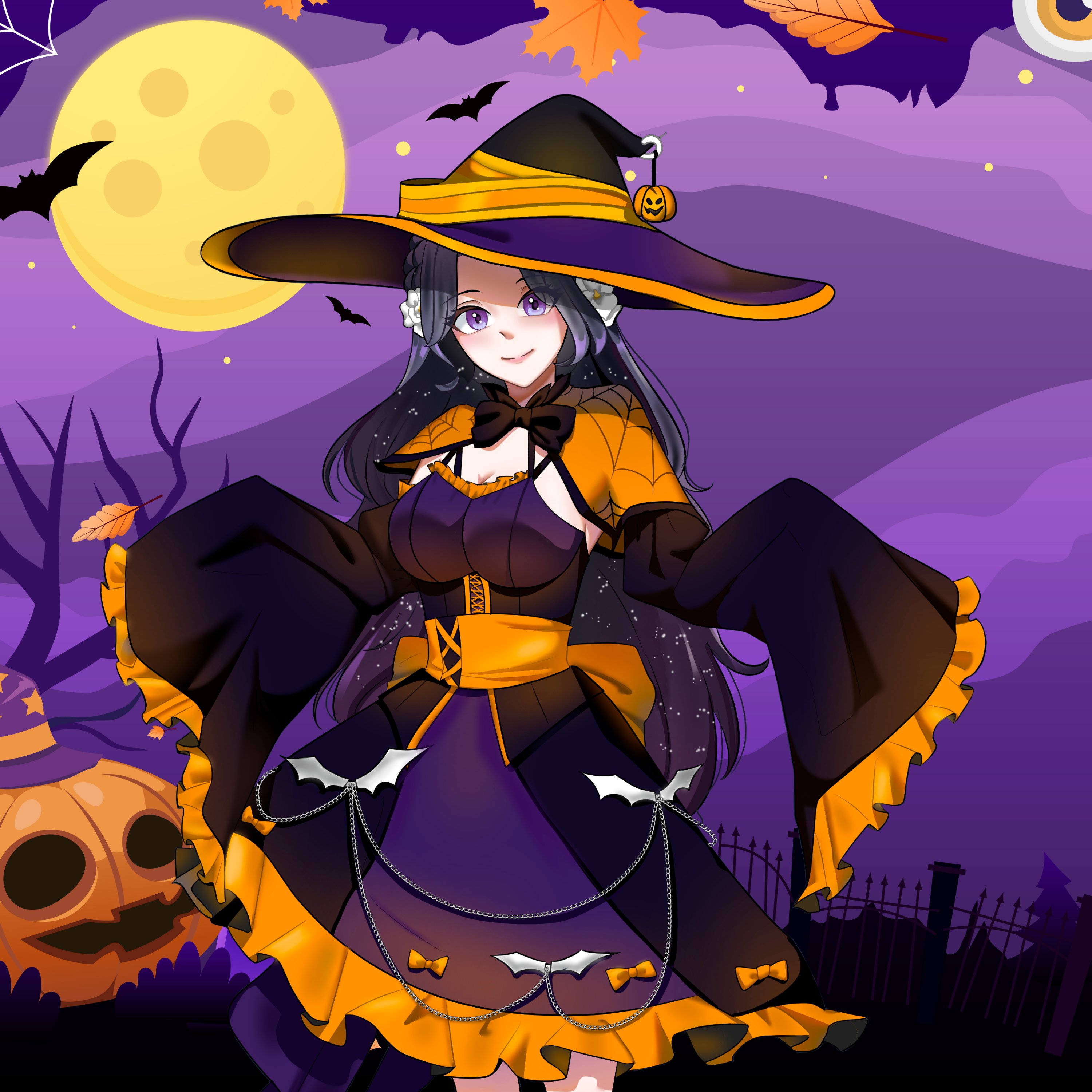 A witch character in orange and purple Halloween colors.